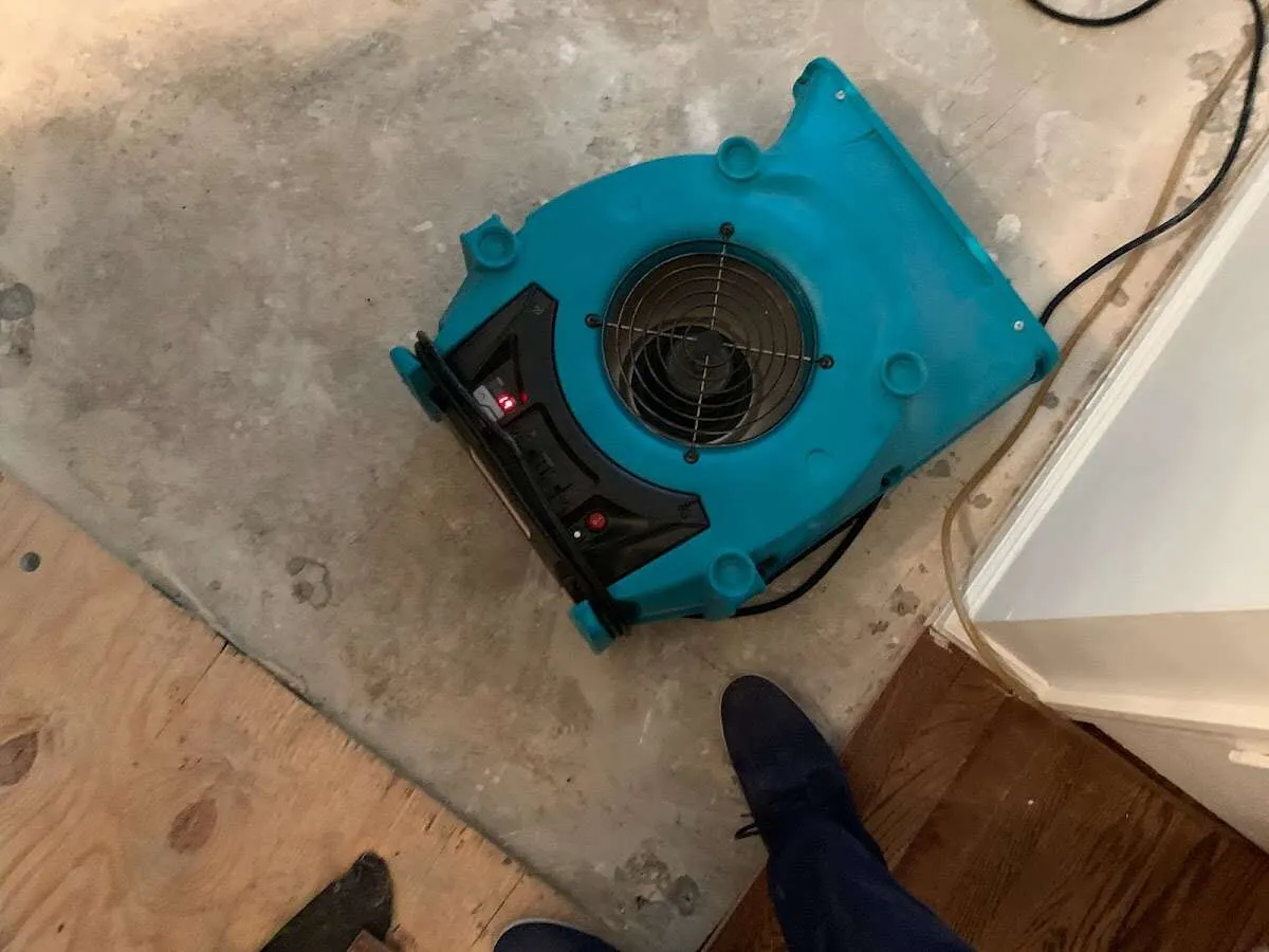 Air mover drying subfloor during Commercial Water Damage Restoration in Chaparral